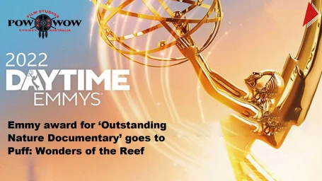 Golden Emmy award statue with globe and winged figure against a sunset sky background with overlaid text.