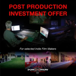 Post production investment offer displayed over images of a mixing console and editing studio in Sydney by Pow Wow Studios.