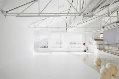 Bright white industrial photo studio interior with exposed steel truss ceiling and large windows in Sydney