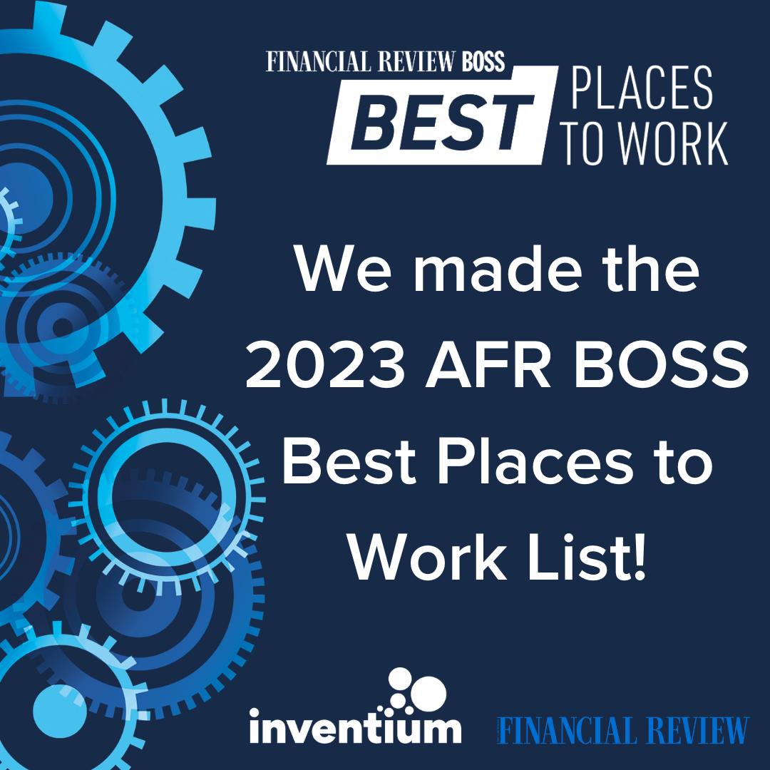 Award graphic featuring blue gears and text highlighting 'Best Places to Work' recognition by Financial Review BOSS in 2023.