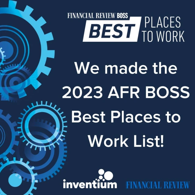 Award graphic featuring blue gears and text highlighting 'Best Places to Work' recognition by Financial Review BOSS in 2023.