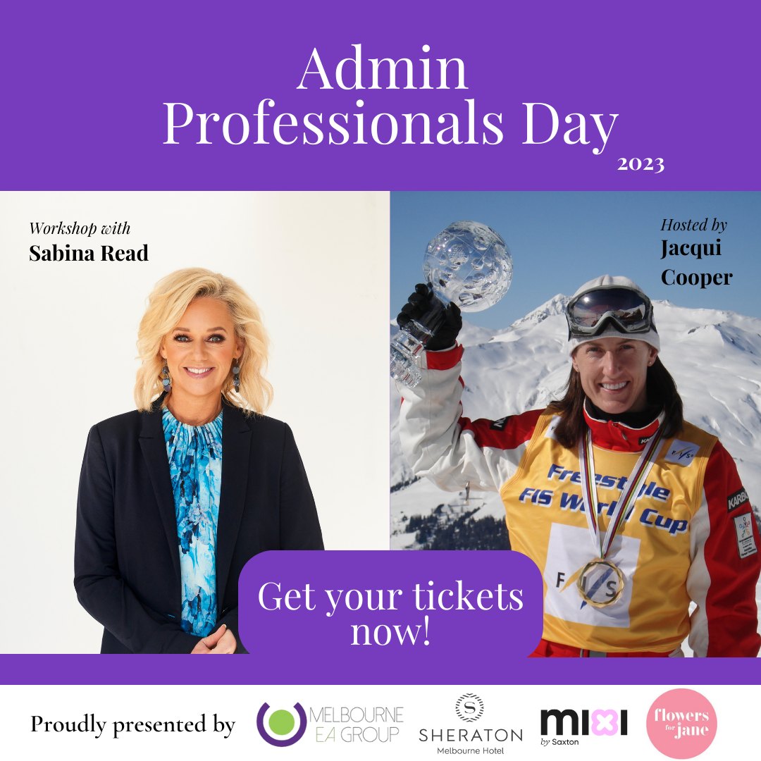 Admin Professionals Day 2023 promotional image features speakers Sabina Read and Jacqui Cooper, along with sponsor logos on a purple background.