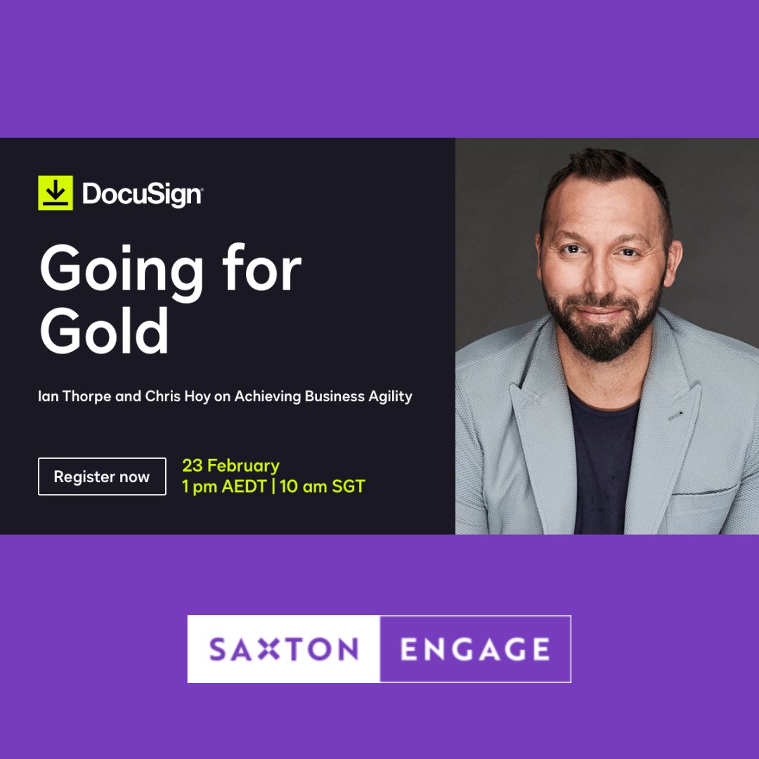 Presentation image with a DocuSign logo, title 'Going for Gold', speakers Ian Thorpe, Chris Hoy, and a headshot of a smiling man.