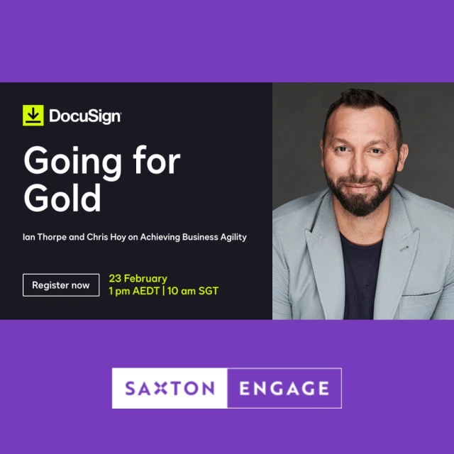 Presentation image with a DocuSign logo, title 'Going for Gold', speakers Ian Thorpe, Chris Hoy, and a headshot of a smiling man.