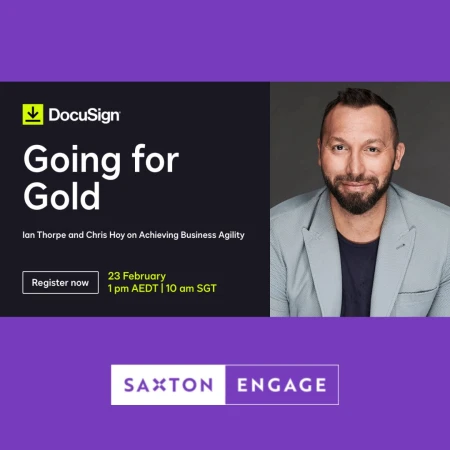 Presentation image with a DocuSign logo, title 'Going for Gold', speakers Ian Thorpe, Chris Hoy, and a headshot of a smiling man.