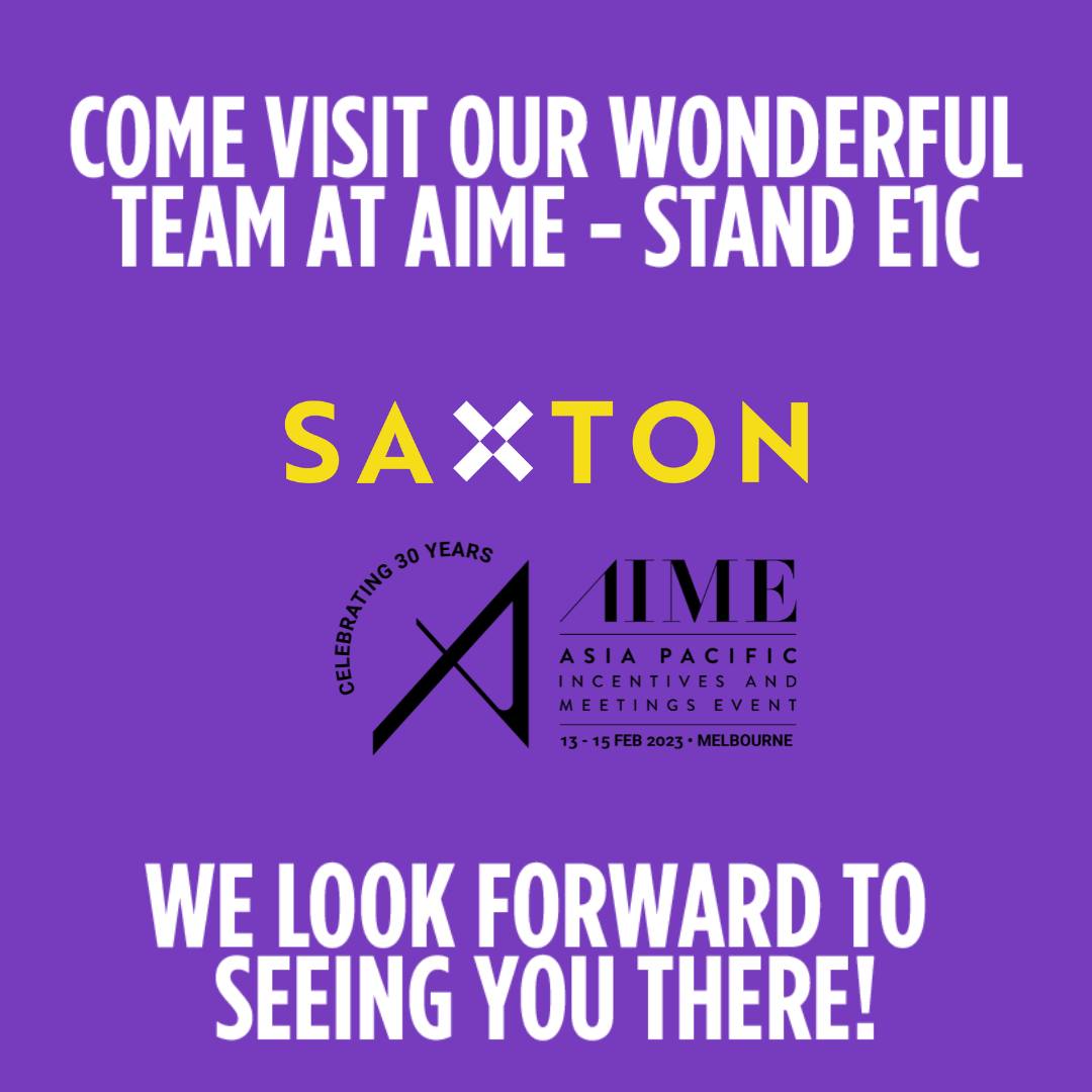 Promotional image with text on a purple background advertising a visit to the AIME stand E1C of Saxton celebrating 30 years in Asia Pacific.