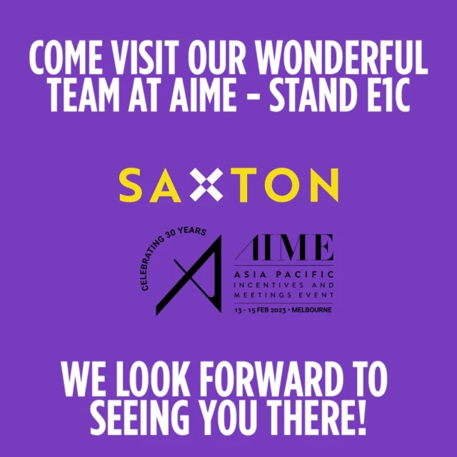 Promotional image with text on a purple background advertising a visit to the AIME stand E1C of Saxton celebrating 30 years in Asia Pacific.