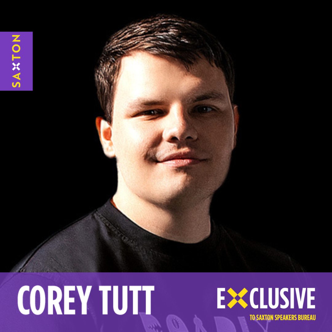 Headshot of Corey Tutt against a dark background, promoting an exclusive speakers bureau. Features his name and the organization logo.