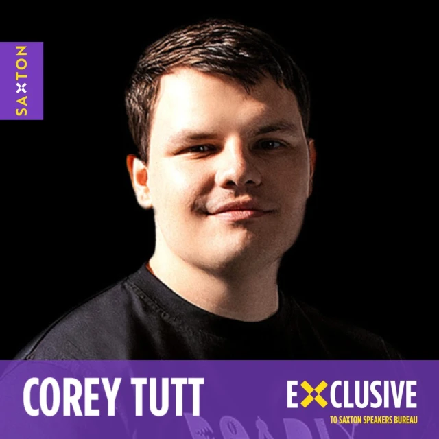 Headshot of Corey Tutt against a dark background, promoting an exclusive speakers bureau. Features his name and the organization logo.