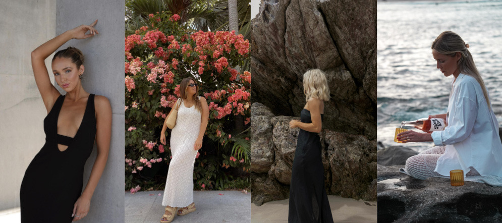 Four women in dresses pose in different outdoor settings featuring plants, rocks, and a body of water, captured with natural light.