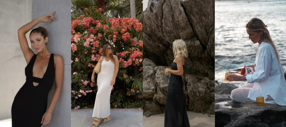 Four women in dresses pose in different outdoor settings featuring plants, rocks, and a body of water, captured with natural light.