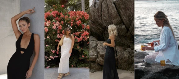 Four-panel collage showing women in stylish lifestyle attire outdoors and in urban settings by The Talent Society