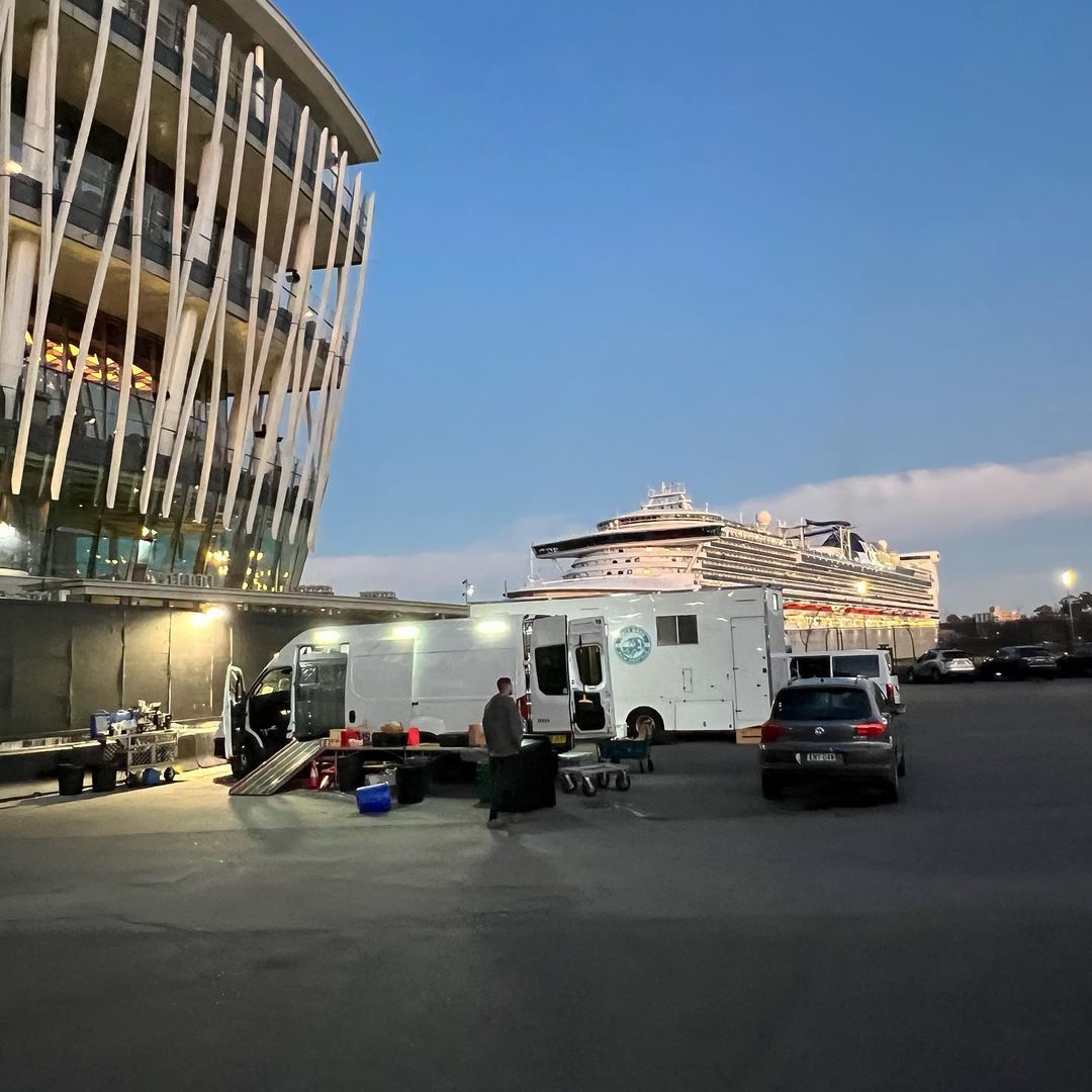 White vans are parked in a lot near a modern building with a cruise ship in the background at dusk.