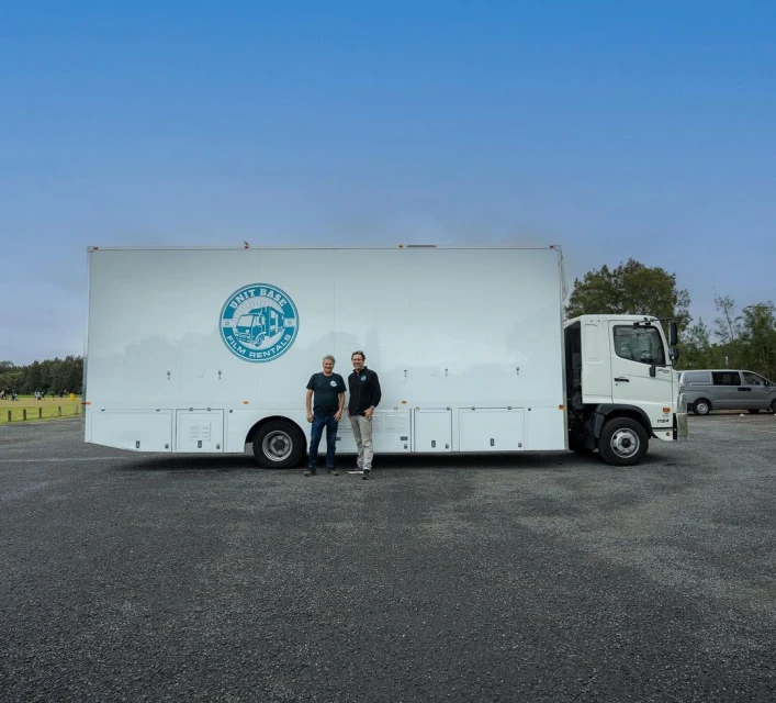 Two men stand next to a large white truck with 'UNIT BASE FILM RENTALS' logo on a paved surface under a bright blue sky.