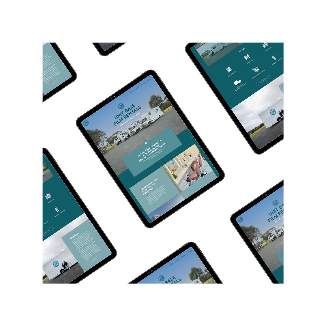 Multiple black tablet devices display website design on white background. Screen shows film rentals, trucks, and beauty space.
