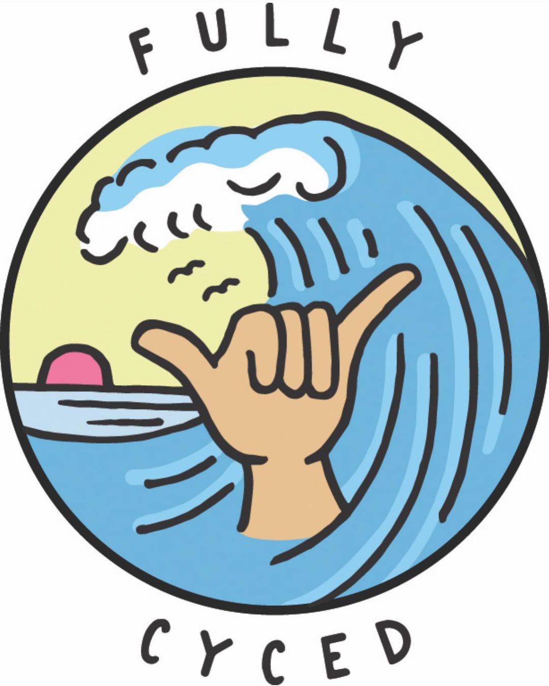 Whimsical graphic art of a wave and ocean scene with a hand gesture, sun, and the word 'Fully Cyced' around the circular design.