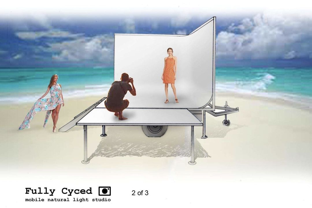 Fashion shoot on a portable photo studio on a beach with two women, a photographer, and white backdrop under a cloudy blue sky.