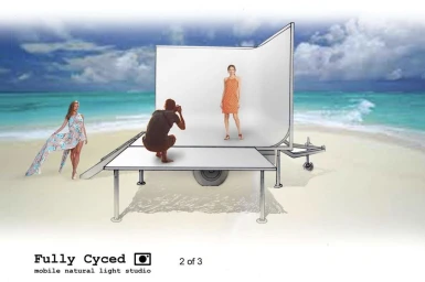 Illustration of a mobile photo studio setup on a sandy beach with a photographer and two models posing.
