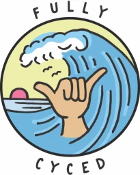 Circular sticker design featuring a large ocean wave, a sunset, and a hand making a shaka sign, with text reading FULLY CYCED