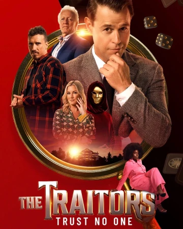 Promotional poster for 'The Traitors' TV show featuring a diverse cast in a suspenseful scene against a red backdrop.