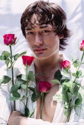 Young man with dark wet hair holding red roses wearing a striped white shirt against a white backdrop.