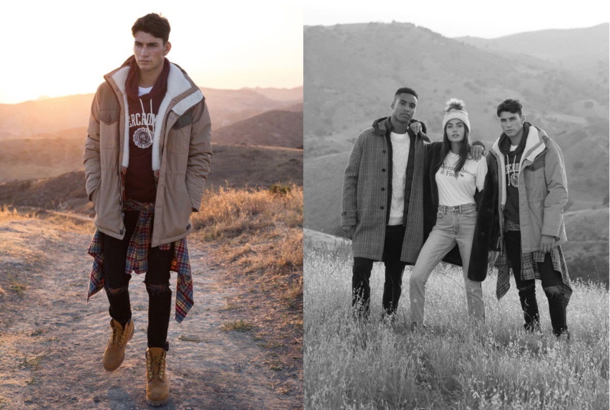 Two-part fashion layout shows a man in outerwear on a dirt path, and a group in a grassy, mountainous field, shot in natural light.