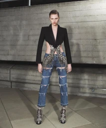 Model in black cutaway blazer and distressed denim jeans with crystal fringe standing before a concrete wall