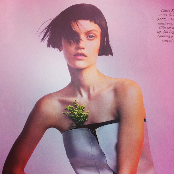 Model with short dark bob and blunt bangs wearing a strapless top featuring tucked flowers against a pink and white gradient backdrop.