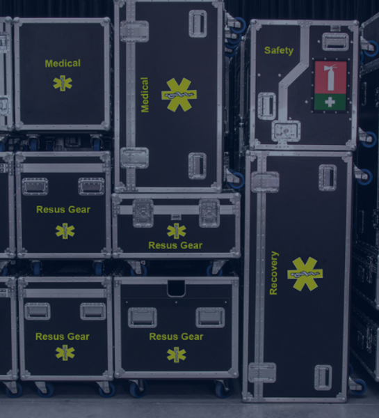 Stacked black medical cases with silver trim and yellow star graphics labeled 'Medical', 'Resus Gear', 'Safety', and 'Recovery'.