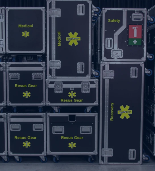 Stacked black medical cases with silver trim and yellow star graphics labeled 'Medical', 'Resus Gear', 'Safety', and 'Recovery'.