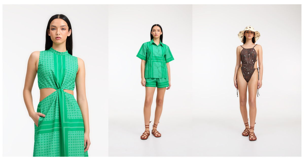 Three images of a fair-skinned woman showcasing summer fashion, including a green cut-out dress, a green shirt and shorts set, and a swimsuit.