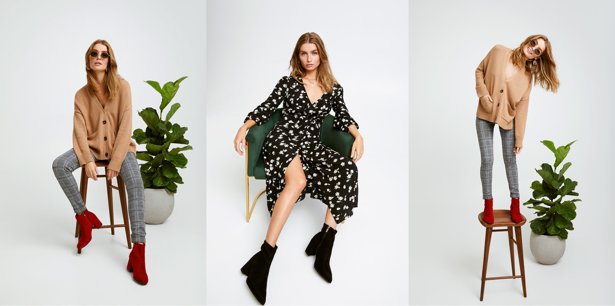 Three fashion shots featuring a woman in a floral dress and another in a tan cardigan, styled with plants against a white backdrop.