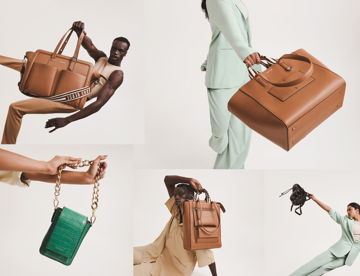 A collage of people modeling various handbags in a studio with a white background. The handbags are in shades of green and brown.