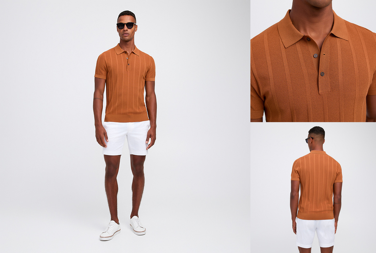 A man in a brown knit polo shirt and white shorts poses against a white background, showcasing a fashion editorial look with sunglasses.