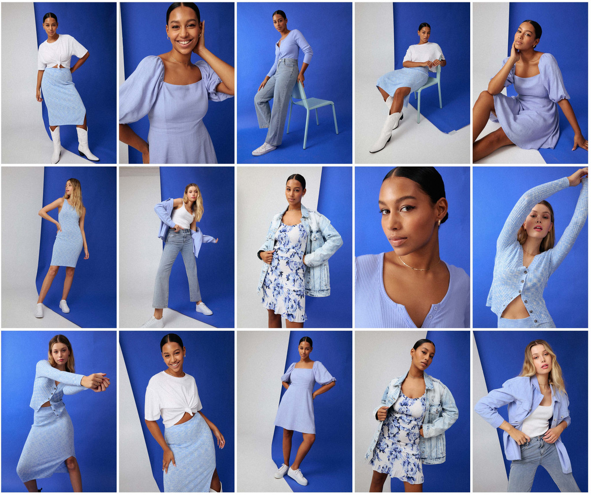 Collage of fifteen fashion models in various poses, wearing light blue dresses, tops, skirts, jeans, and jackets against a studio backdrop.