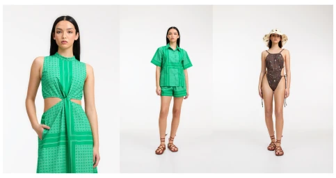 Triptych of a fashion model wearing green patterned resort wear and a dark printed swimsuit with lace-up sandals against a white background.