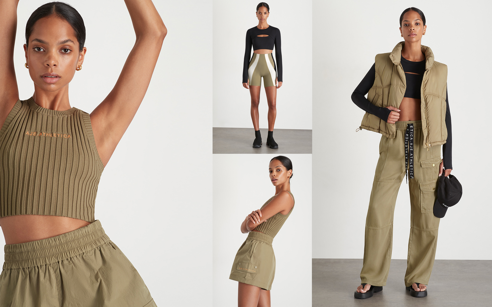 Fashions collage featuring a slender woman modelling athletic wear in a photo studio setting, including a vest, top and shorts.