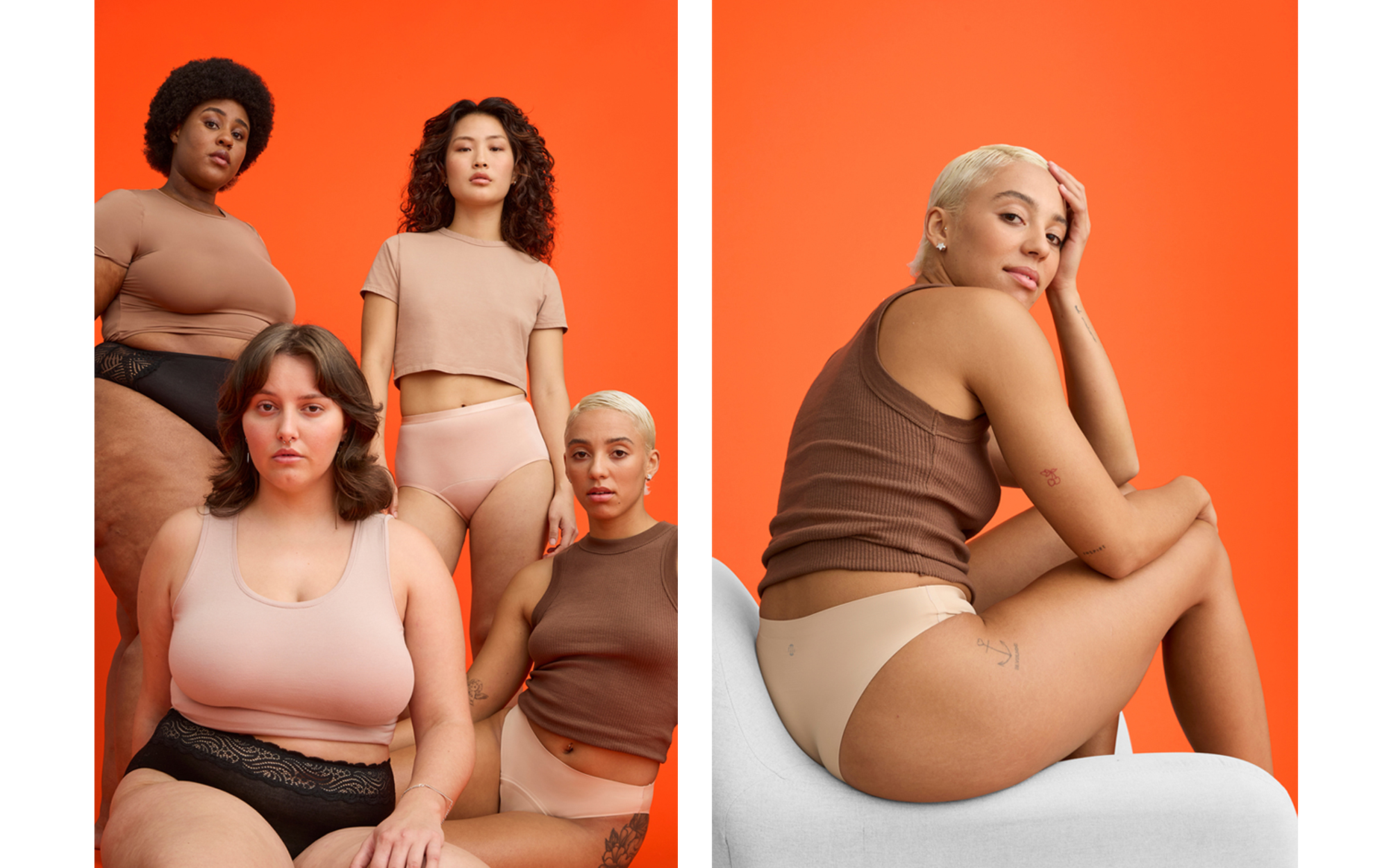 Diverse women in underwear and crop tops pose in front of an orange background in a fashion forward studio setting. Body-positive aesthetic.