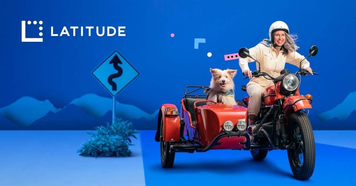 Woman in helmet rides motorcycle with dog sidecar against abstract blue background with road sign and company logo. Automotive concept.