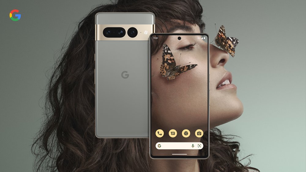 Google Pixel 7 phone product shot featuring butterflies resting on a model's face to showcase its high-resolution display and camera.