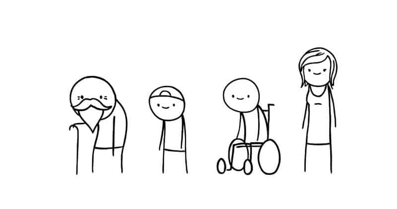 Line art illustration featuring the stages of life, from youth to adulthood, including an elderly man with a walking stick.