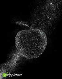 An apple shape formed by splashing water and bubbles against a solid black background with the Appletiser logo in the corner.
