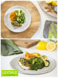 Split image showing a plated dish of herbed chicken, broccoli, and roasted squash on a white plate atop a wooden board by Van Flix.