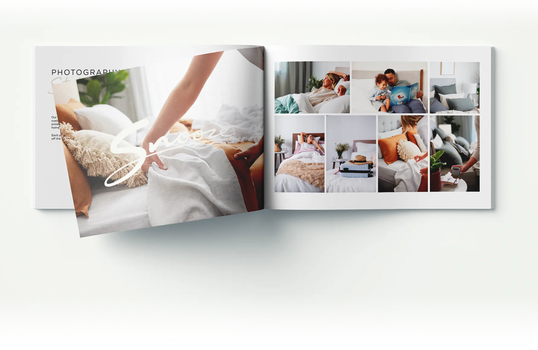 Open magazine spread displaying various interior design photographs, showcasing bedroom settings with light color palettes and natural light.