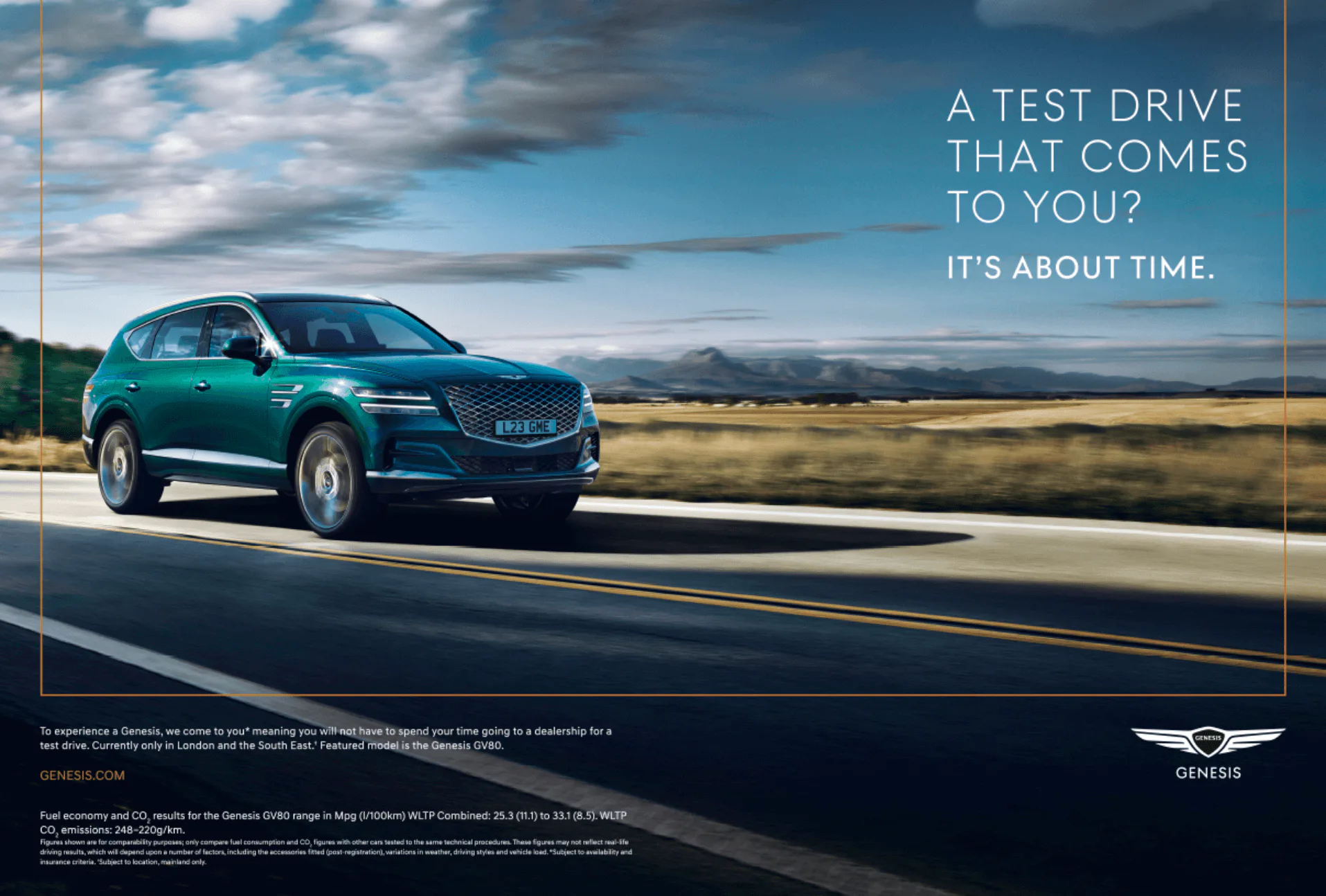 Genesis GV80 SUV on open road under blue sky, advertising test drive availability in London and South East, featured model is the Genesis GV80.