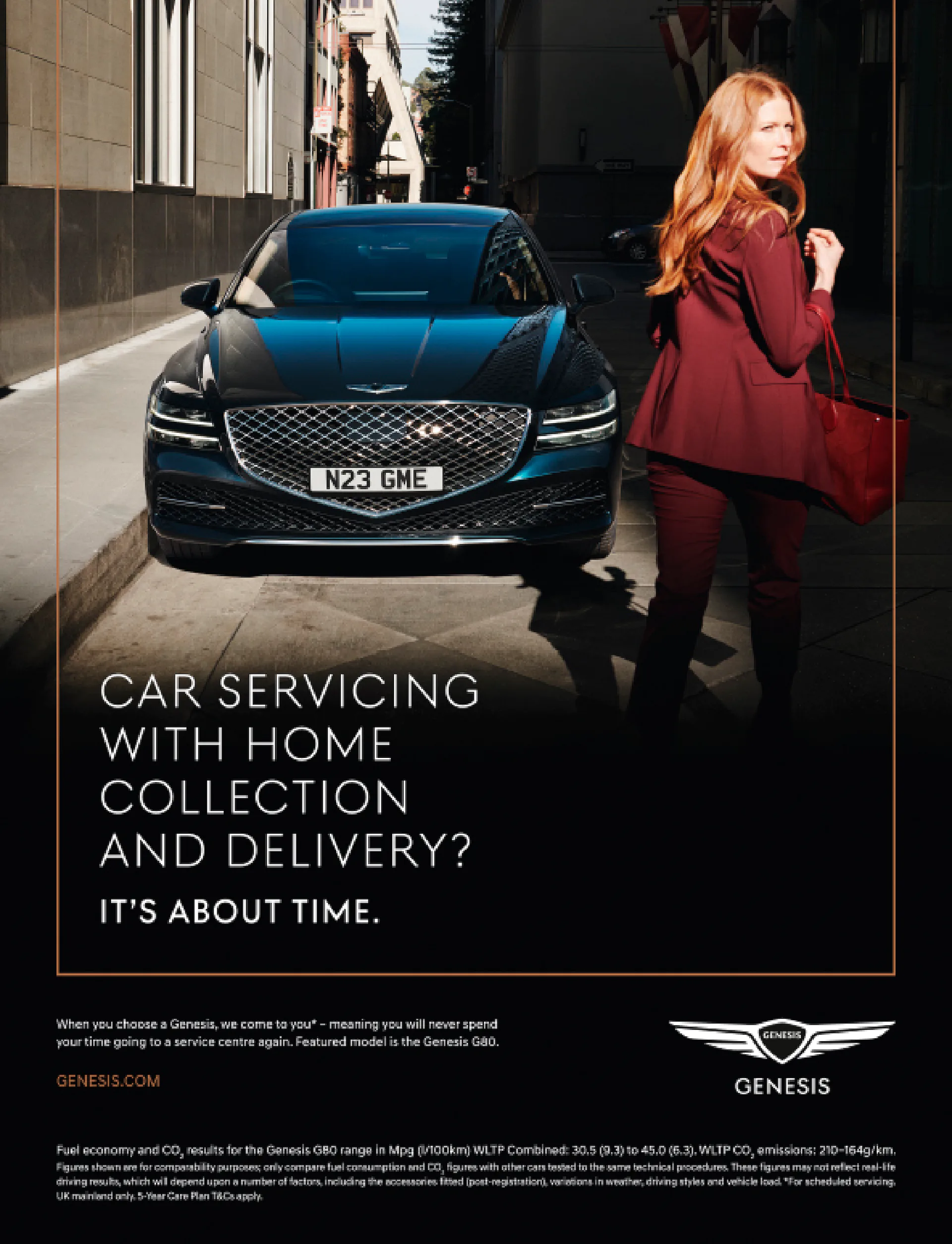 Automotive advertisement featuring a dark teal Genesis G80 parked on a city street with an adult female model standing alongside.