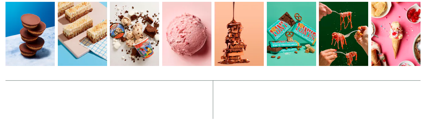 A vibrant assortment of desserts on colorful backgrounds, featuring chocolate cups, ice cream, chocolate bars, and pasta with pink sauce.