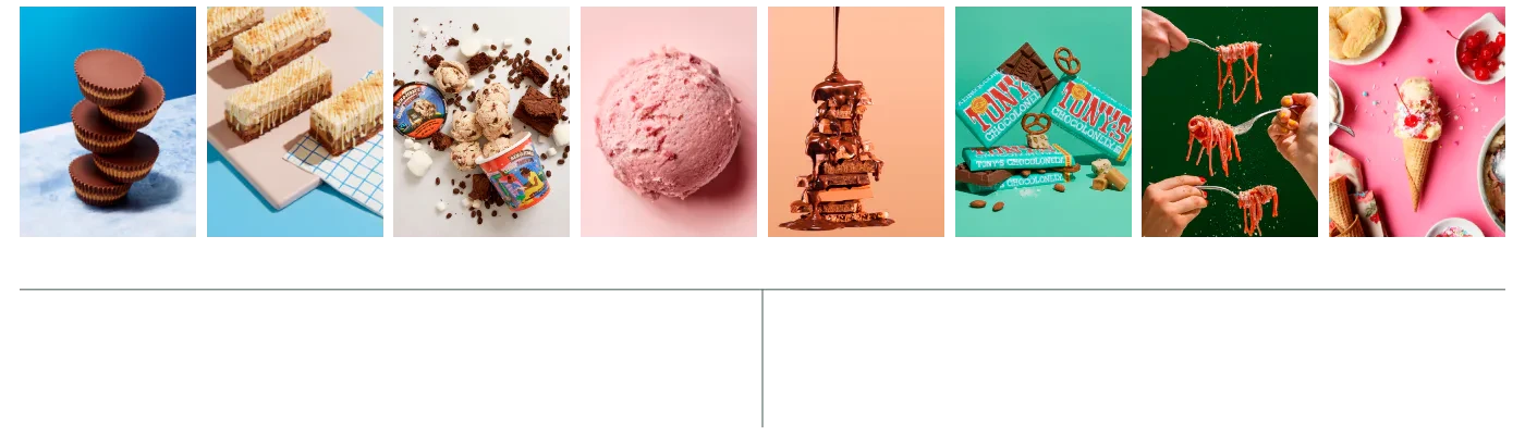 A vibrant assortment of desserts on colorful backgrounds, featuring chocolate cups, ice cream, chocolate bars, and pasta with pink sauce.