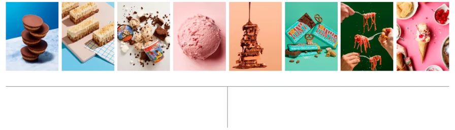 Collage of food and dessert photography featuring chocolate cups, ice cream scoops, and candy bars by Wellcom Worldwide
