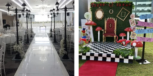 Two event setup displays including a glossy white aisle with lampposts and an Alice in Wonderland themed photo backdrop